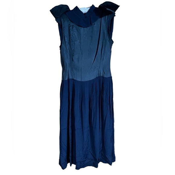 VTG Karin Stevens Navy Blue Mandarin Collar Jacket Dress w/ White Soutache Trim - Picture 10 of 16